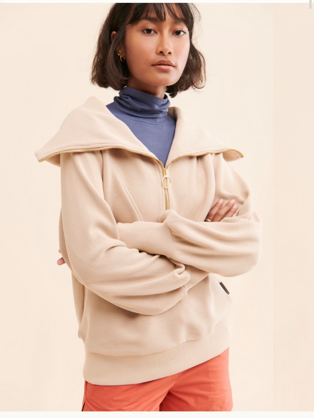 Varley Vine Beige Ribbed Half-Zip Funnel Neck Sweater XS